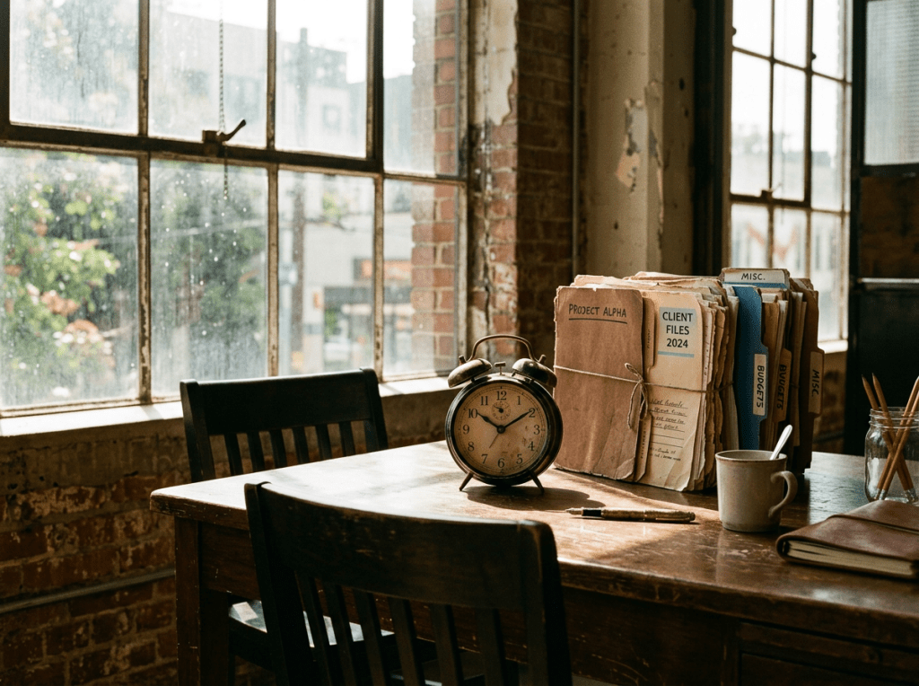 Desk with vintage alarm clock and labeled file folders by window