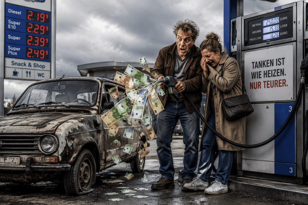 ein desolat wirkendes Auto bei einer Tankstelle, daneben eine Zapfsäule mit einer Frau und einem Mann der Mann hält den Zapfpisolte in der Hand und daraus sprudeln Euro-Scheine Der Mann hat einen erschreckt wirkenden Gesichtsausdruck, die dabenstehende Frau weint.